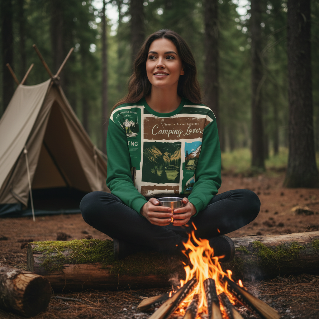Woman in camping lovers sweatshirt by campfire with coffee