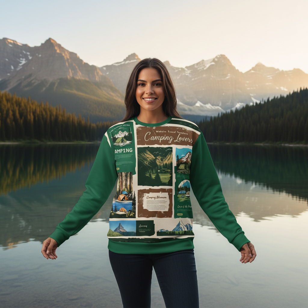Woman in camping lovers sweatshirt by mountain lake