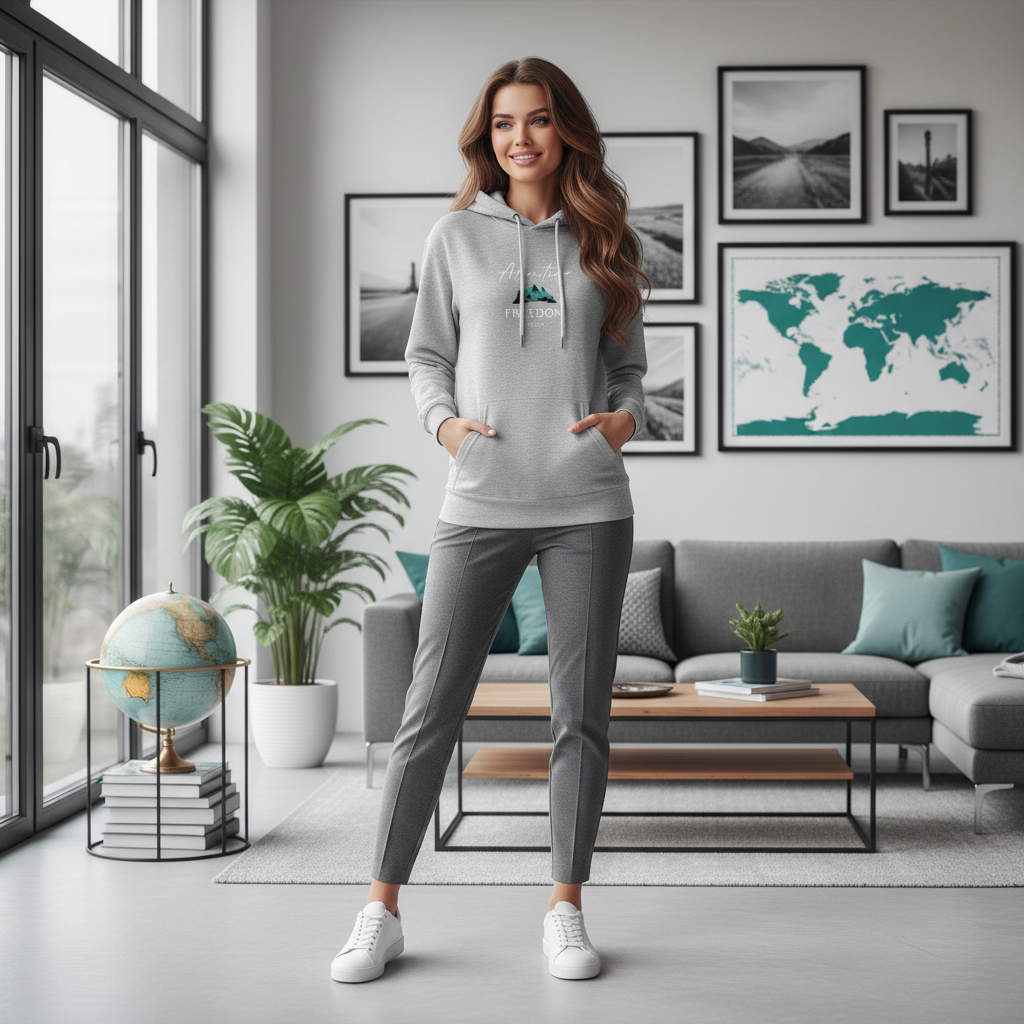 Woman in carbon grey Adventure Freedom Travel hoodie in modern living room