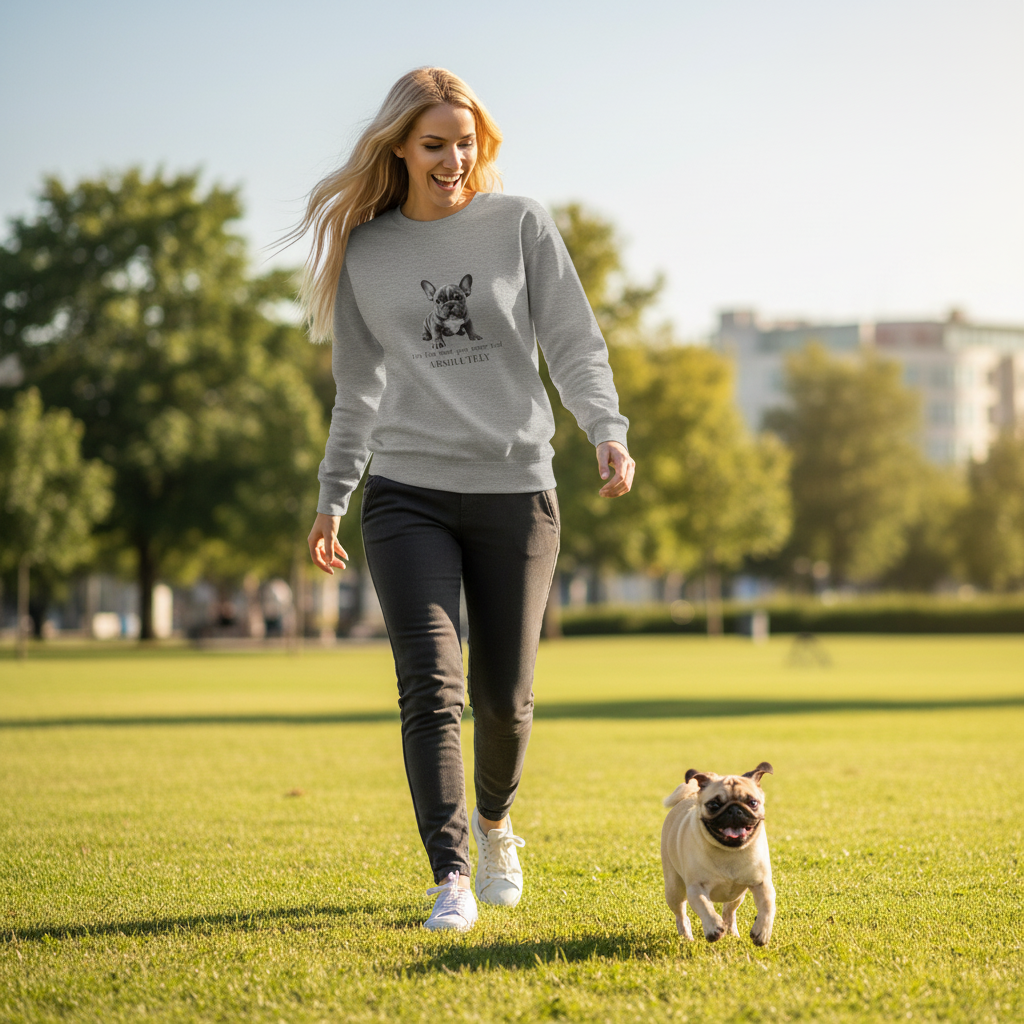 Woman in carbon grey sweatshirt chasing pug in urban park