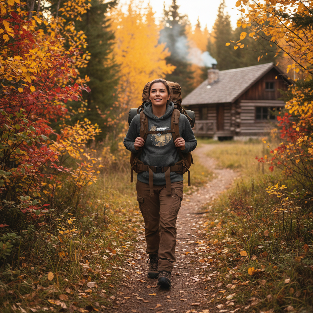 Woman in charcoal heather old map hoodie with brown cargo pants on forest trail near Canadian cabin