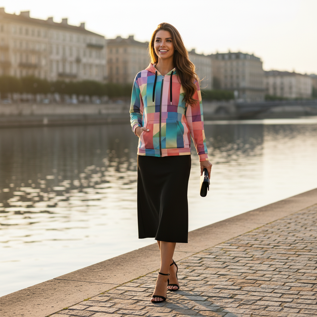 Woman in colorful zip hoodie with all-black outfit - midi skirt