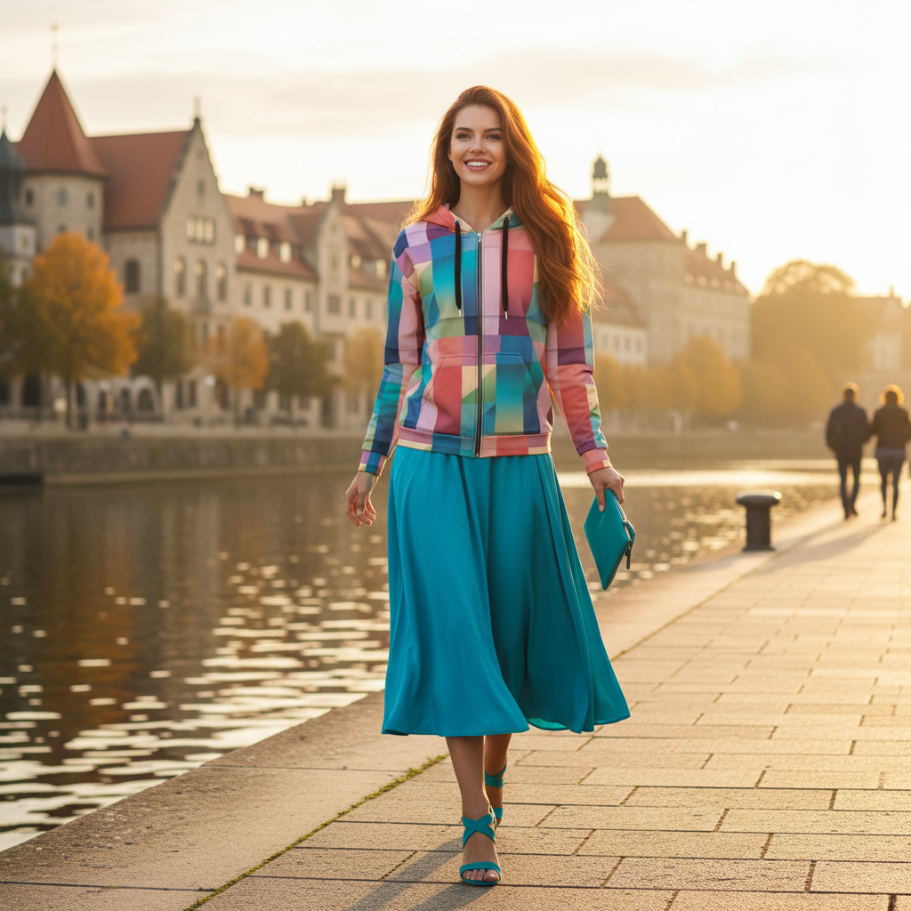 Woman in colorful zip hoodie with turquoise skirt, sandals and clutch