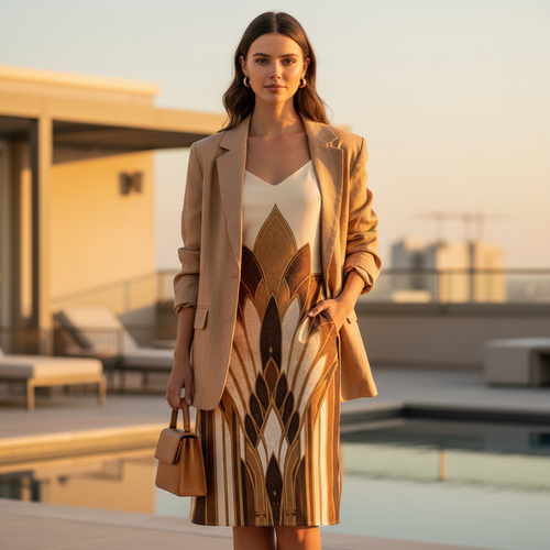 Woman in Cream Botanical Slip Dress with Camel Linen Blazer and Tan Handbag on Sunlit Rooftop