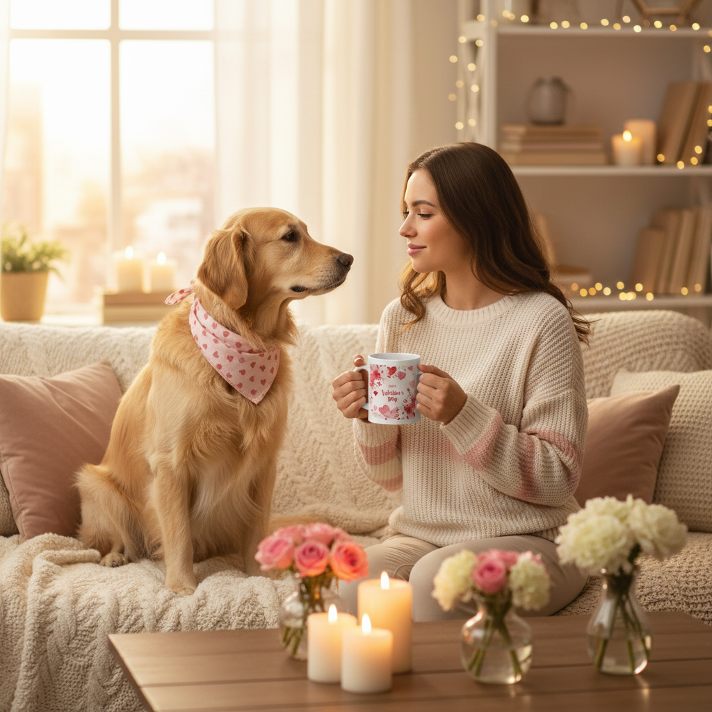 Woman in cream sweater with golden retriever in pink accessories holding Valentine's heart mug in cozy hygge setting showing their beautiful bond