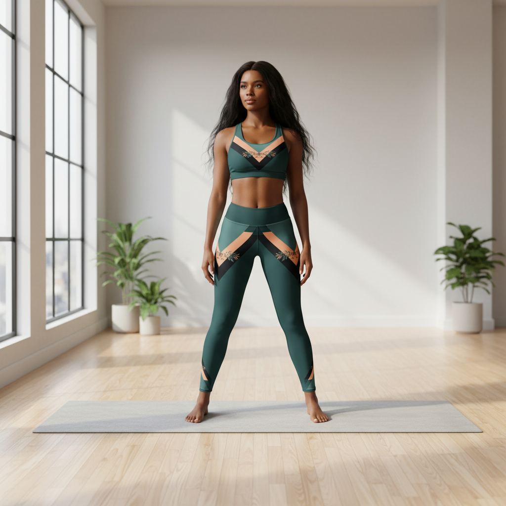 Woman in dark green geometric sports bra and matching leggings doing yoga