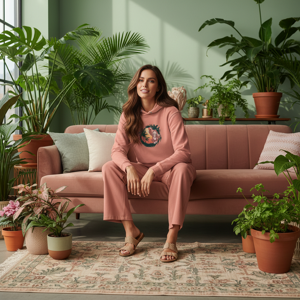 Woman in dusty rose orangutan hoodie in botanical living room