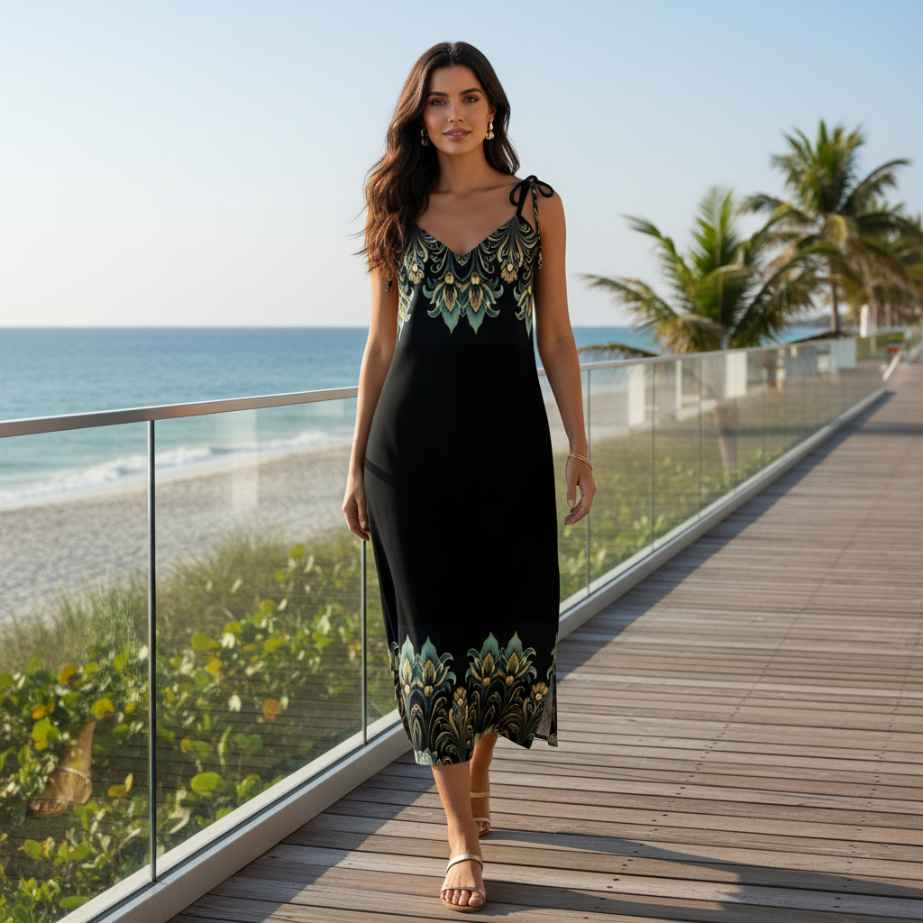 Woman in Elegance dress on beach boardwalk