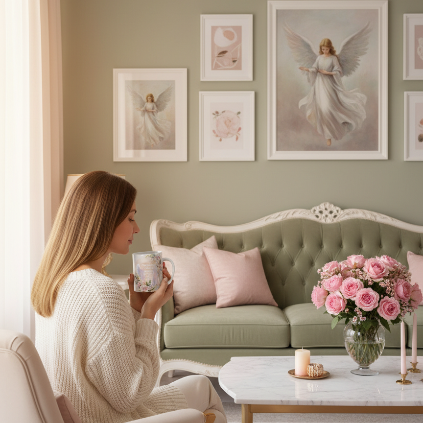 Woman in elegant room with angel artwork holding Mom mug