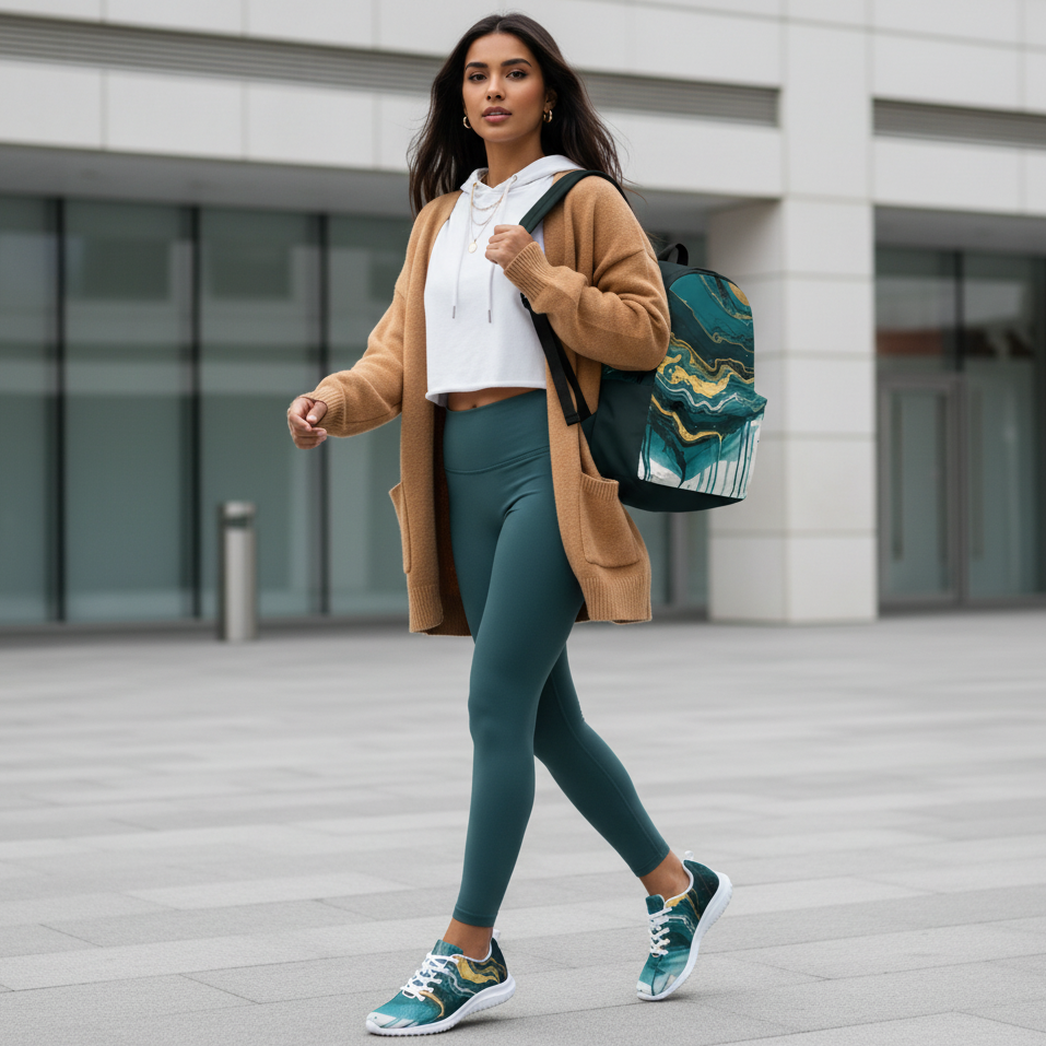 Woman in emerald leggings white hoodie and gold cardigan with teal abstract shoes and marble backpack prominent