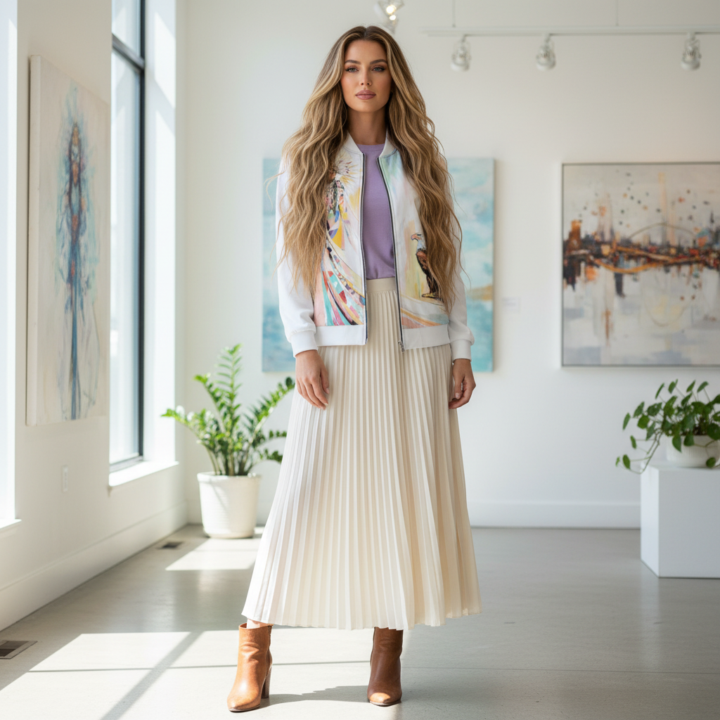 Woman in exact bomber jacket with cream maxi skirt and lavender top