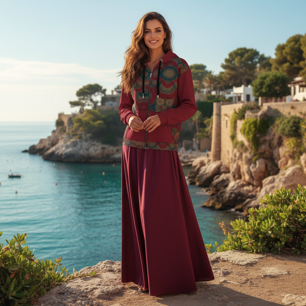 Woman in fan pattern hoodie with burgundy maxi skirt