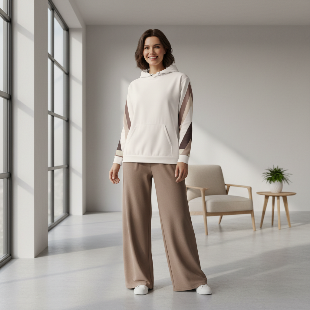 Woman in geometric hoodie with brown wide-leg trousers