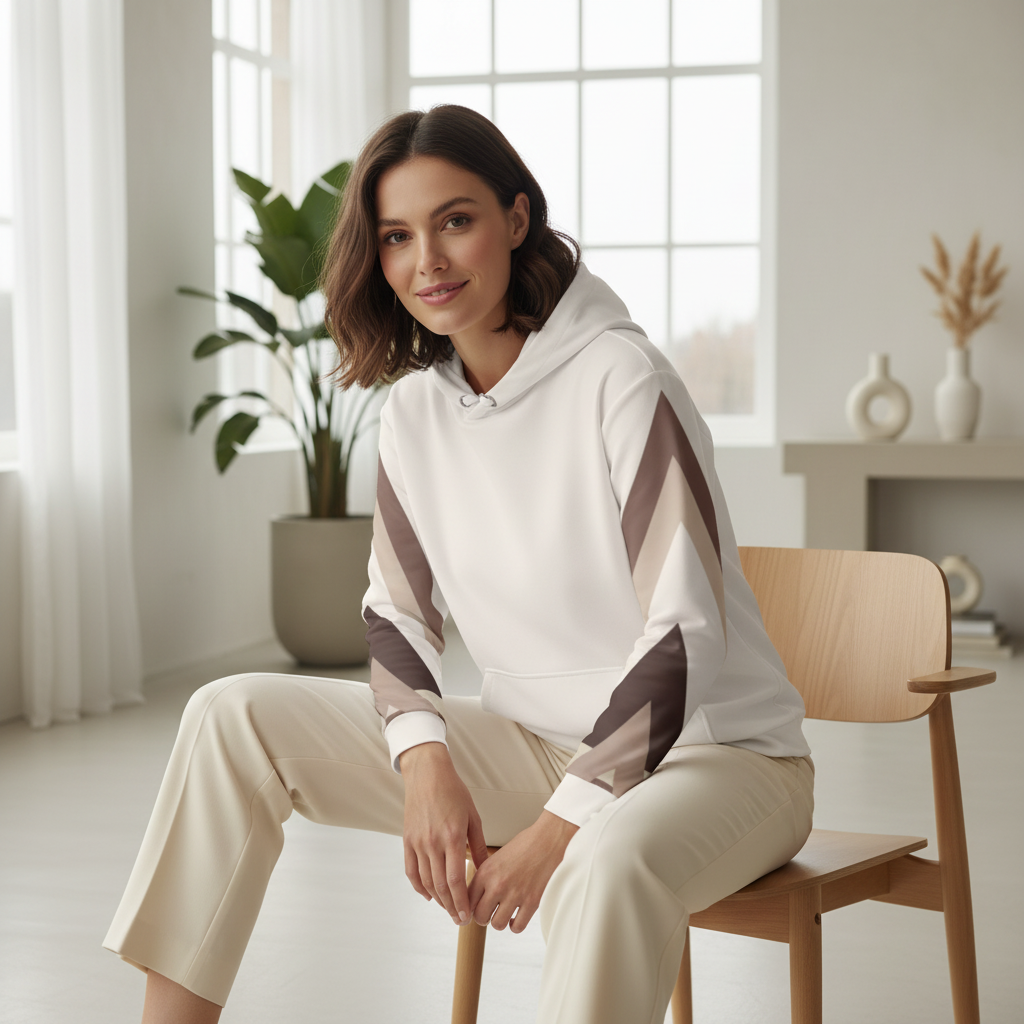 Woman in geometric hoodie with cream tailored trousers