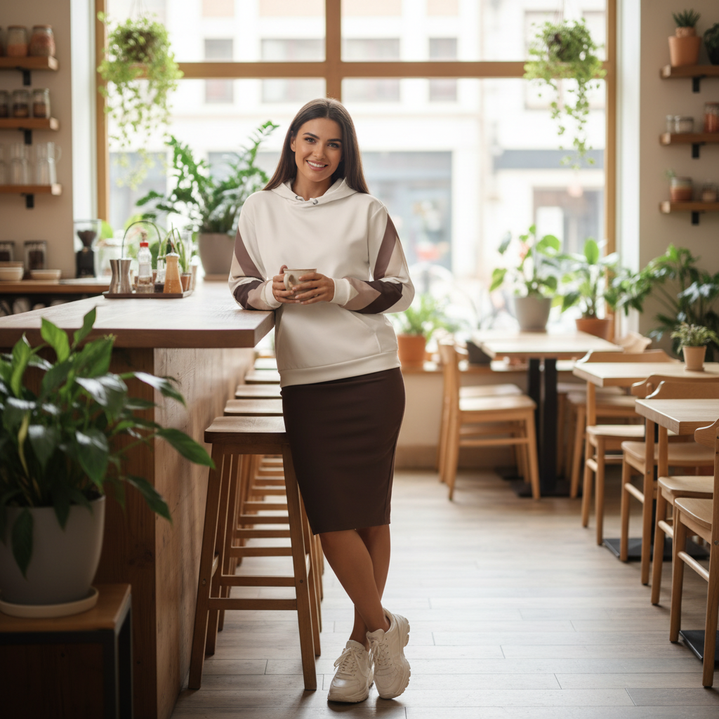 Woman in geometric hoodie with dark brown pencil skirt