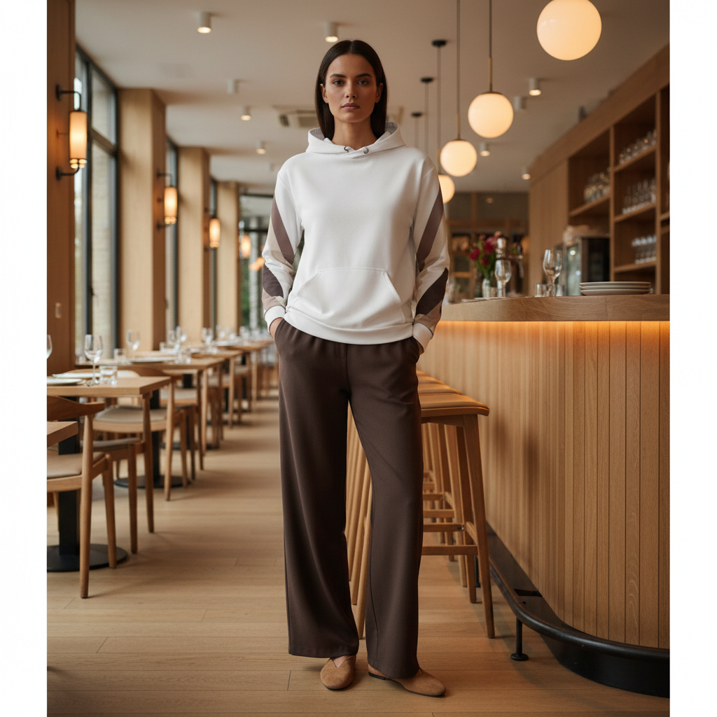 Woman in geometric hoodie with dark brown wide-leg trousers