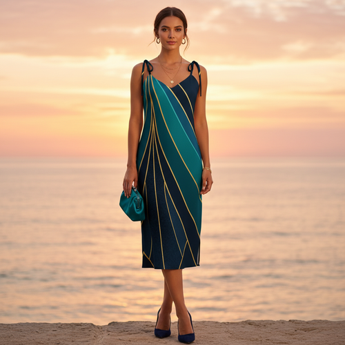 Woman in geometric slip dress with navy heels at coastal sunset