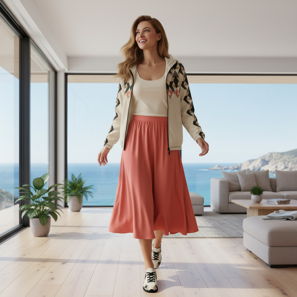 Woman in geometric windbreaker with coral midi skirt in coastal home