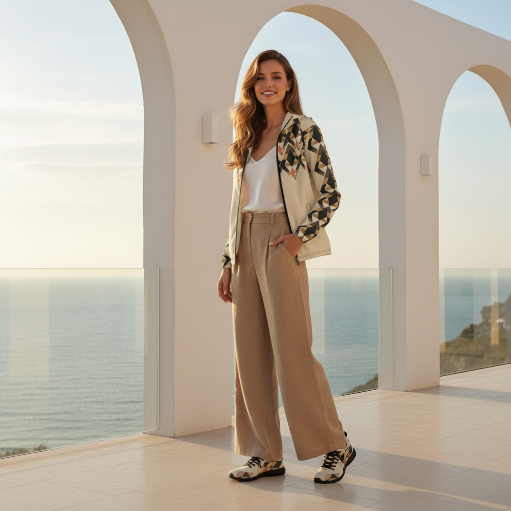 Woman in geometric windbreaker with tan linen trousers on coastal villa terrace