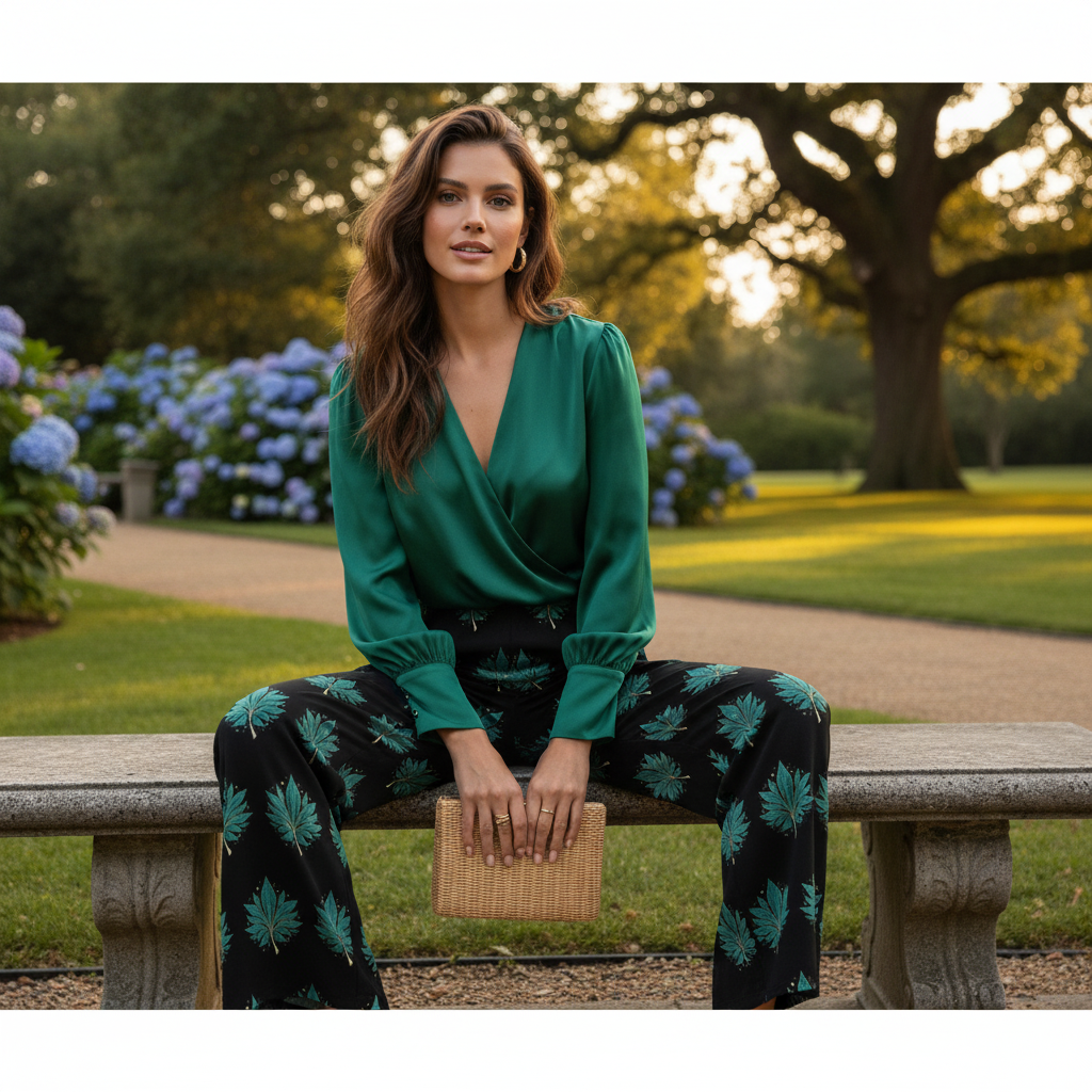 Woman in green leaf pants with emerald blouse in park