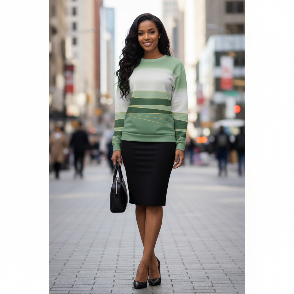 Woman in green sweatshirt with black pencil skirt and accessories