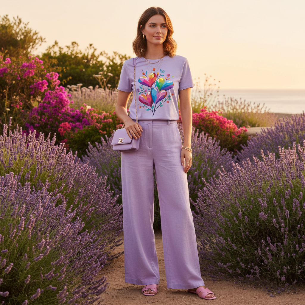Woman in lavender tee with purple linen pants in coastal garden