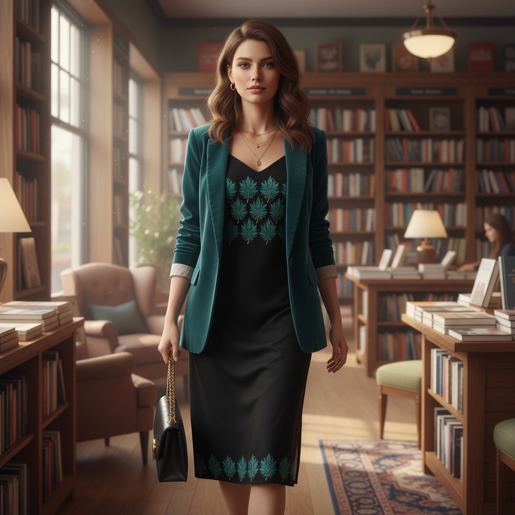 Woman in leaf dress with blazer and handbag in bookstore