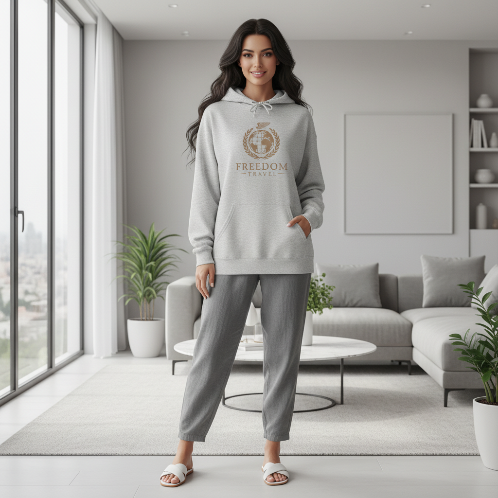 Woman in light grey Freedom Travel hoodie with globe design