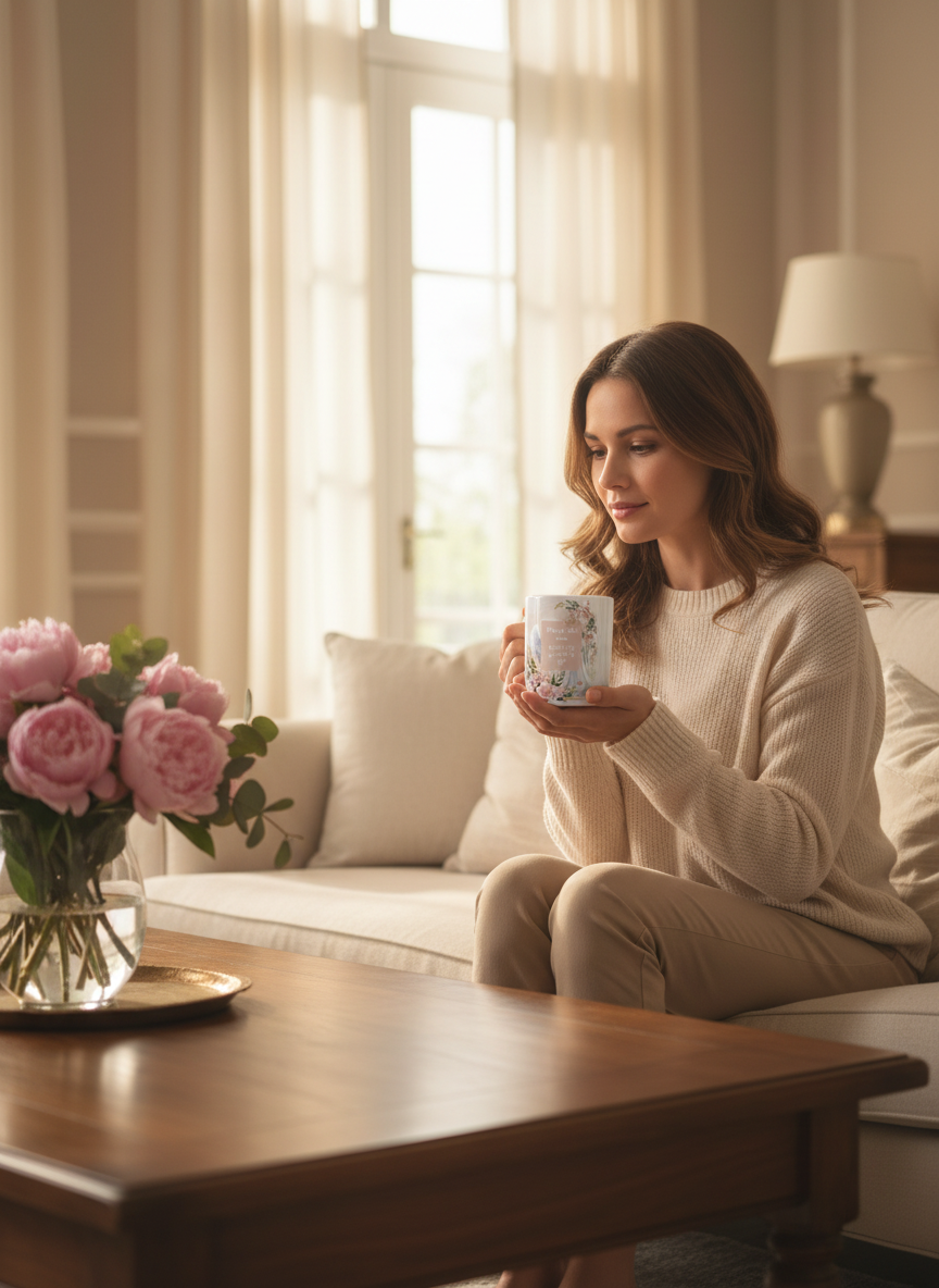 Woman in living room holding angel Mom mug
