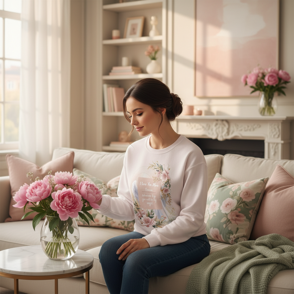 Woman in living room wearing angel Mom sweatshirt