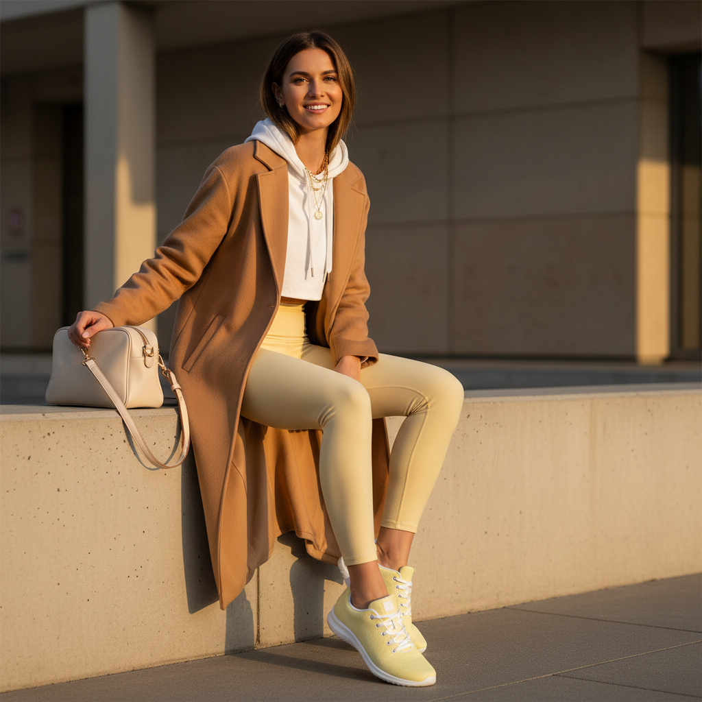 Woman in luxury athleisure yellow leggings white hoodie camel coat with yellow shoes