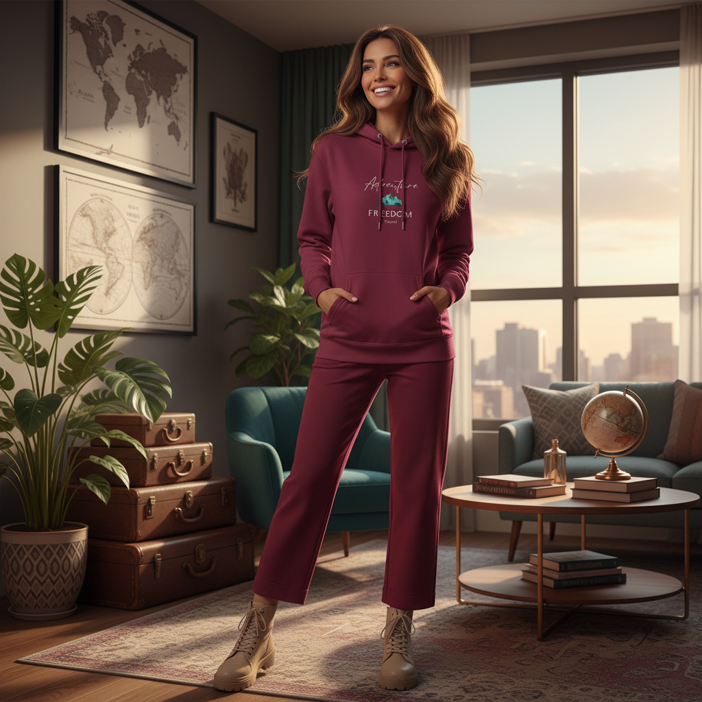 Woman in maroon Adventure Freedom Travel hoodie in modern apartment