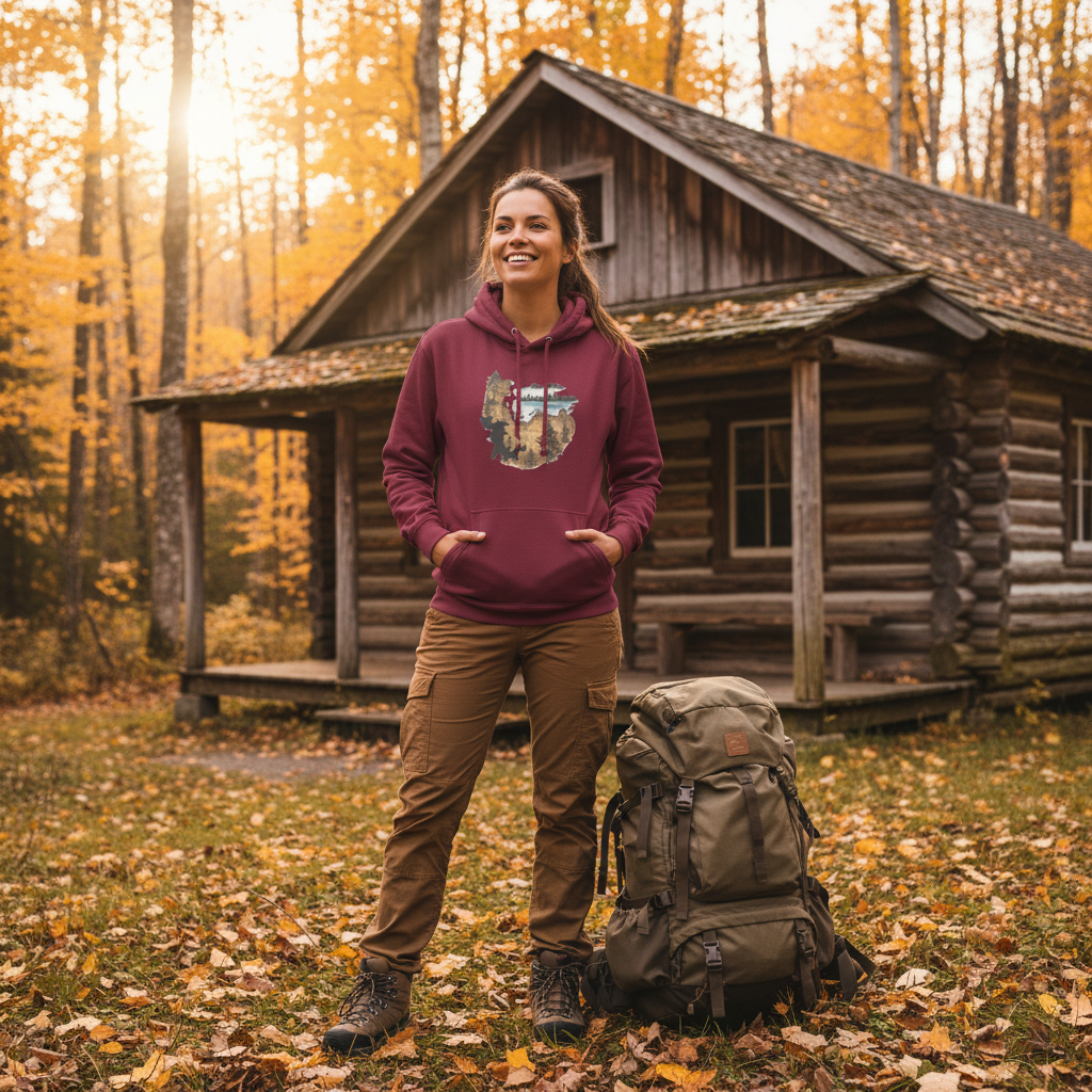 Woman in maroon old map hoodie with brown cargo pants at Canadian log cabin in autumn forest