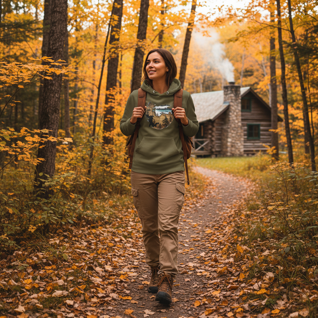 Woman in military green old map hoodie with beige cargo pants on forest trail near Canadian cabin