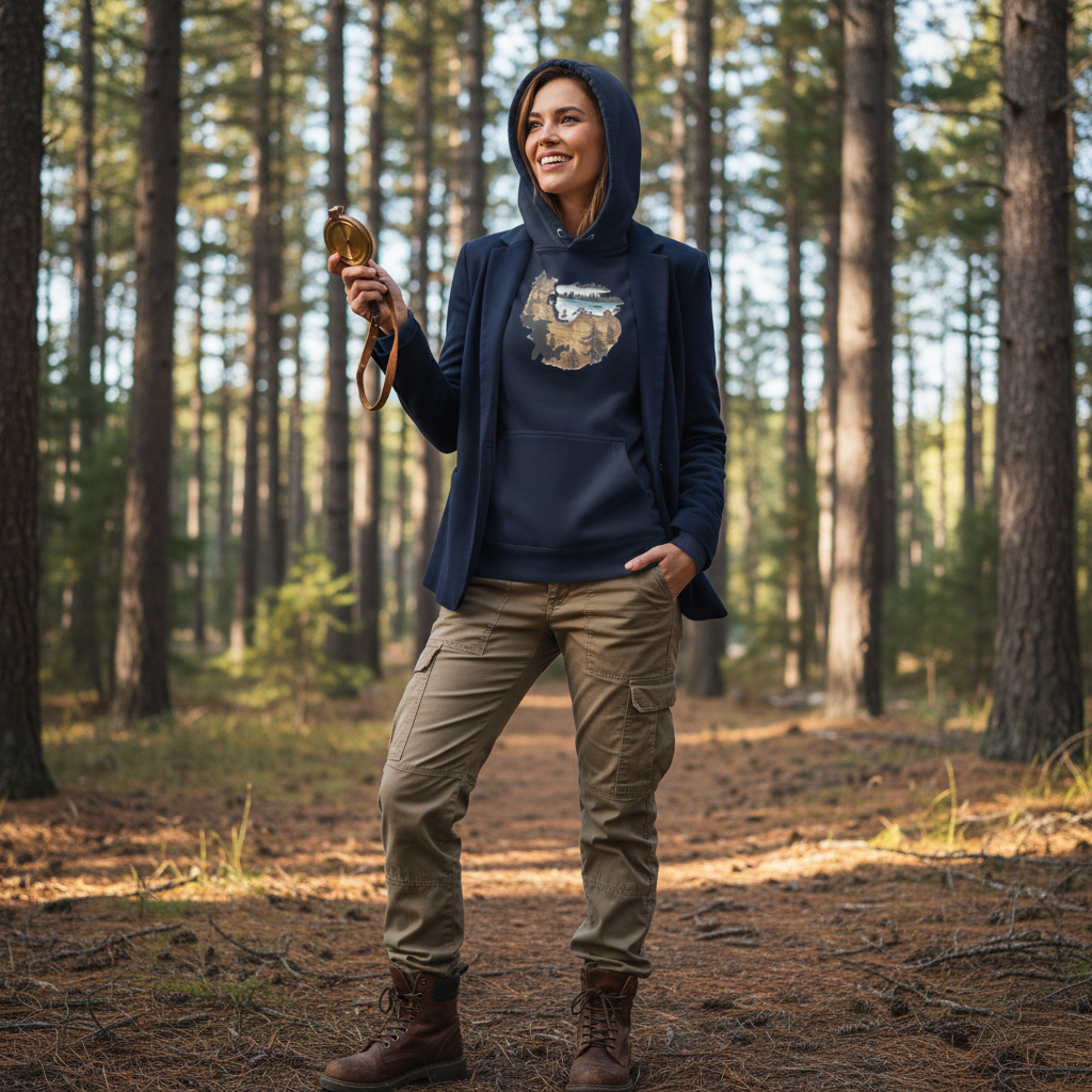 Woman in navy blazer old map hoodie with khaki cargo pants holding compass in Canadian forest