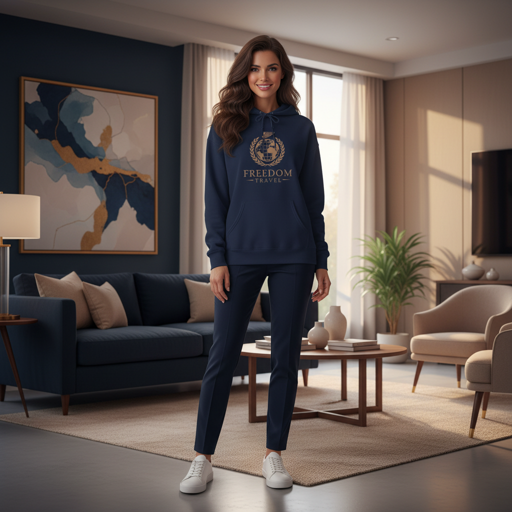 Woman in navy blue Freedom Travel hoodie with globe design