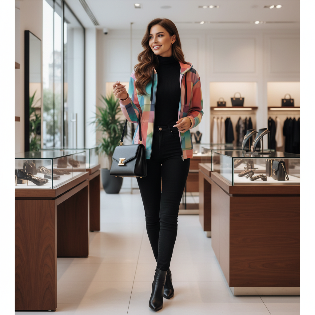 Woman in open colorful zip hoodie with all-black outfit - skinny jeans