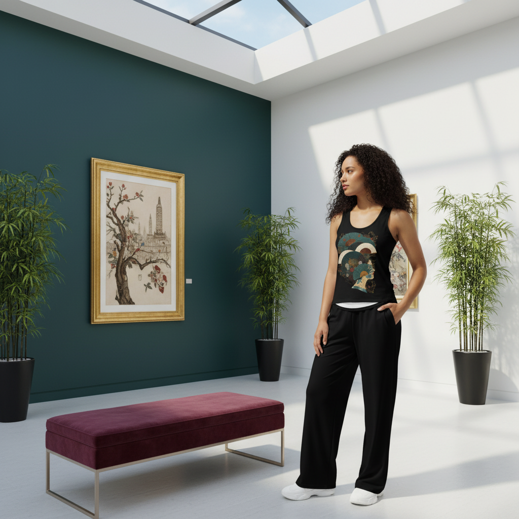 Woman in Oriental outfit at Asian art gallery