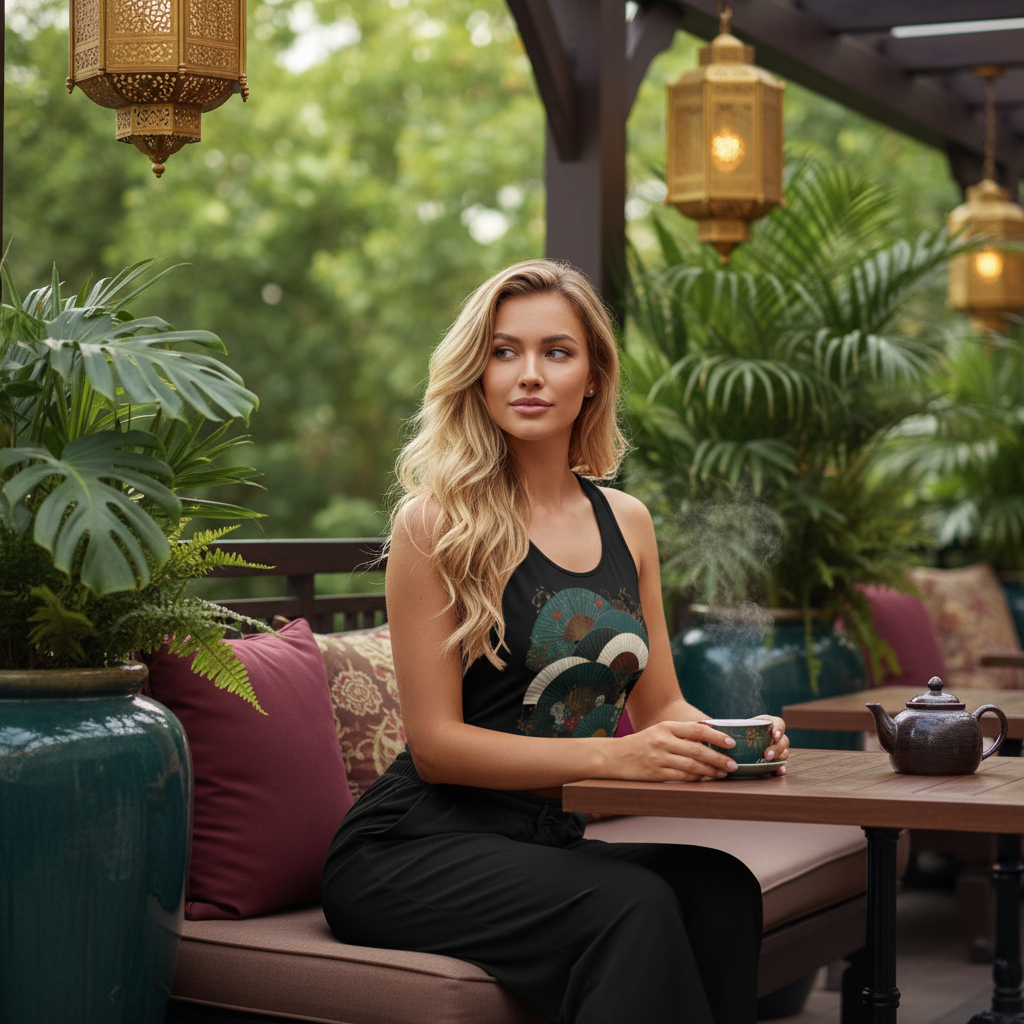 Woman in Oriental outfit at Asian fusion restaurant terrace