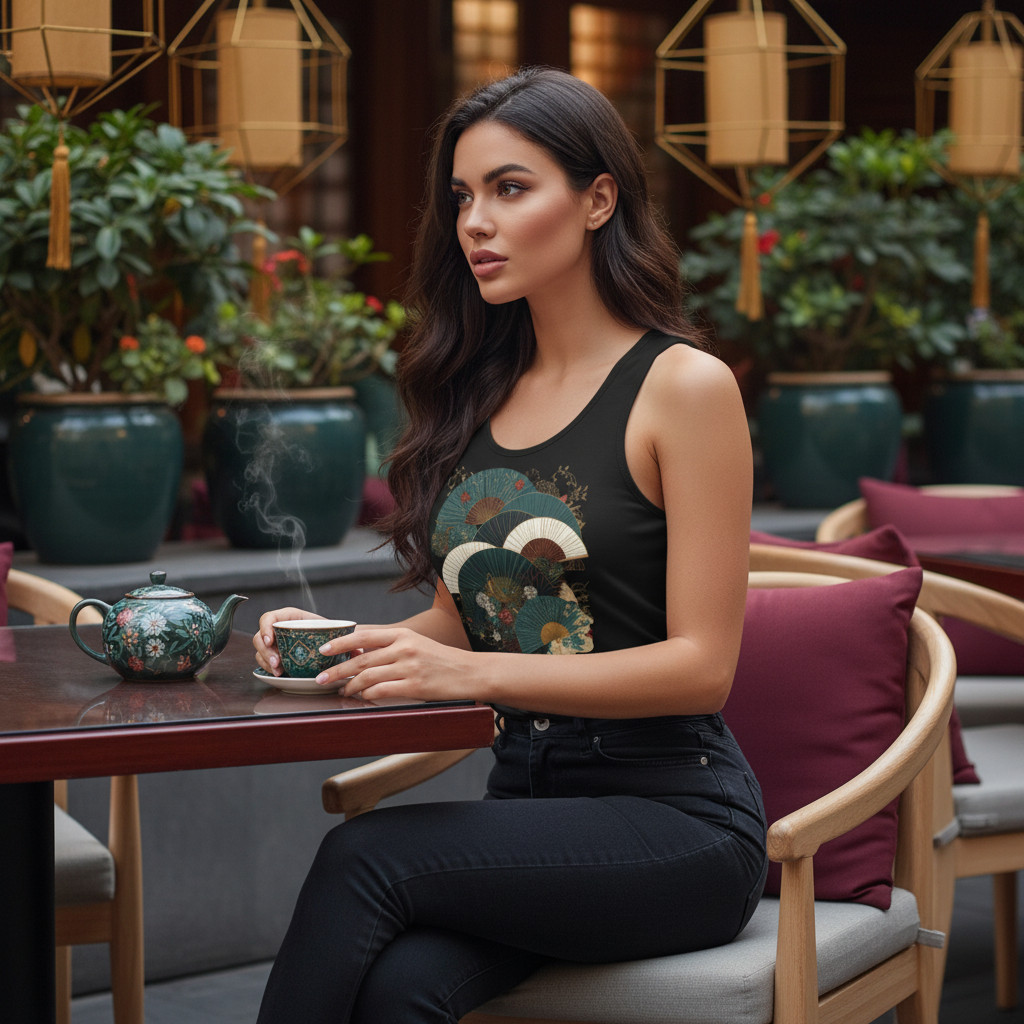 Woman in Oriental tank top with black denim jeans