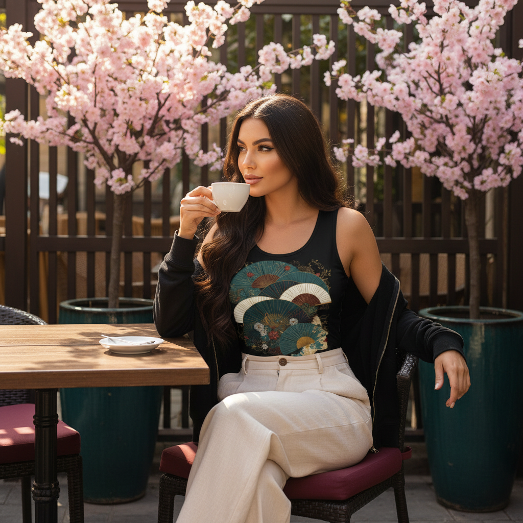 Woman in Oriental tank top with black zip hoodie and cream pants