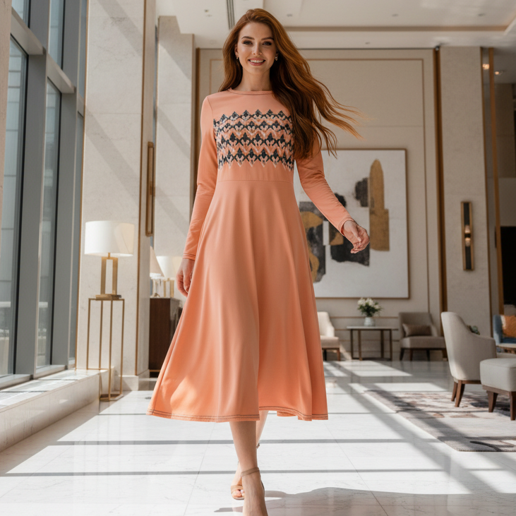 Woman in peach dress in luxury hotel lobby