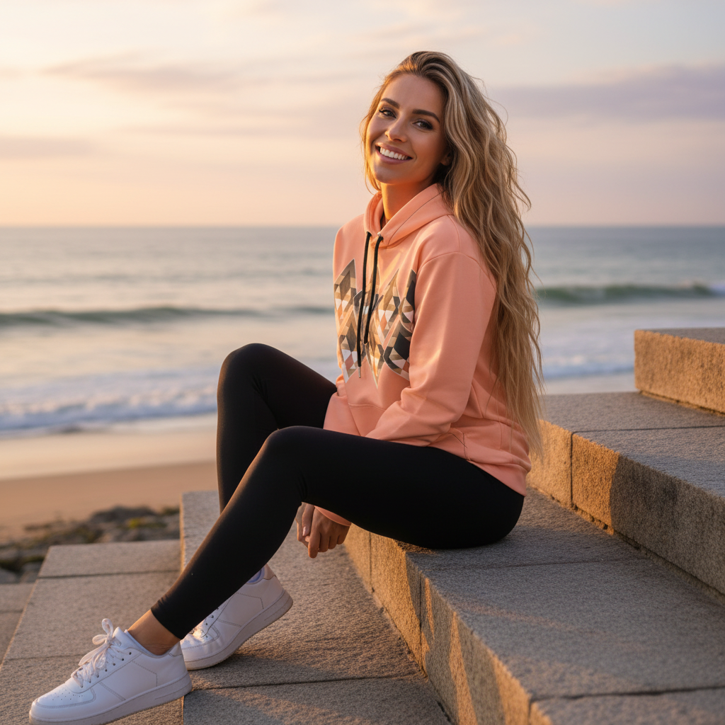 Woman in peach hoodie sitting on coastal steps