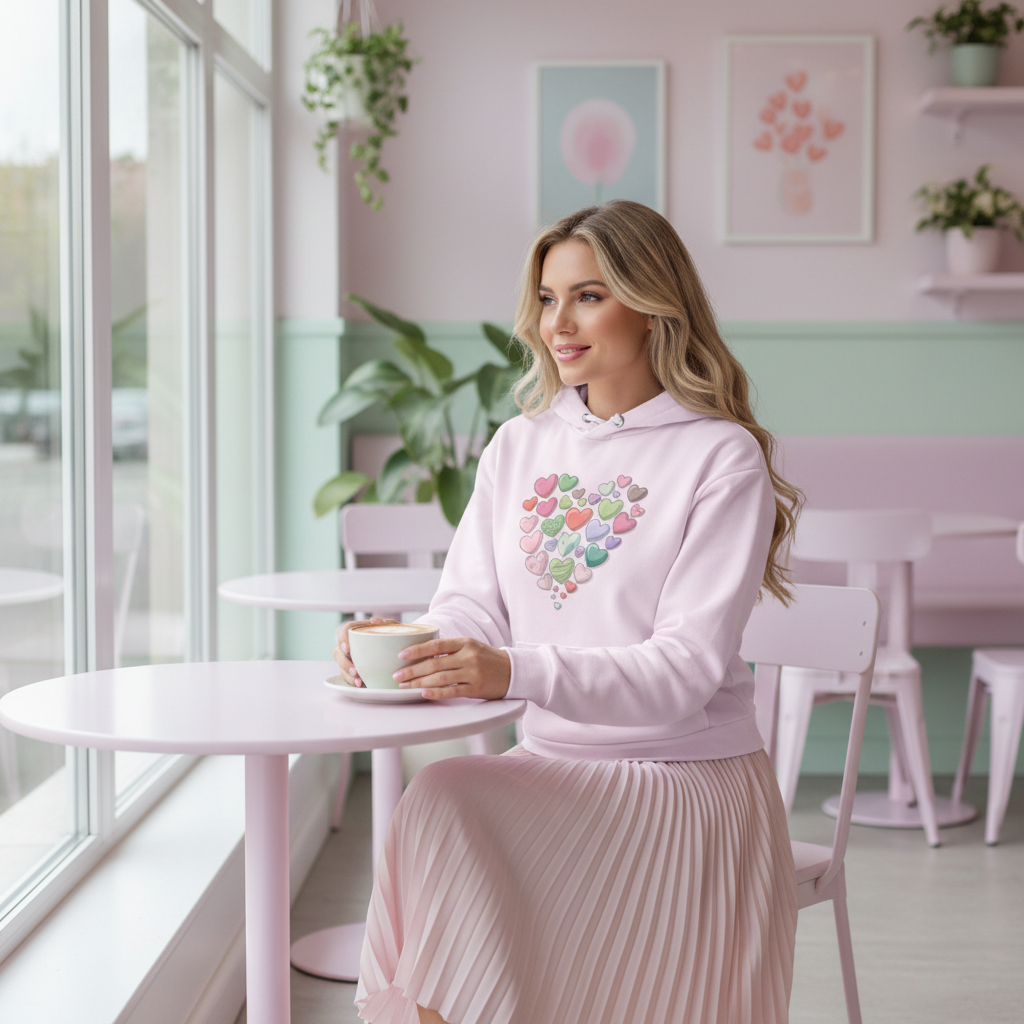 Woman in pink hearts hoodie with matching pink pleated skirt