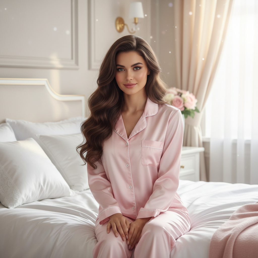 Woman in pink satin pajama top relaxing in luxury bedroom