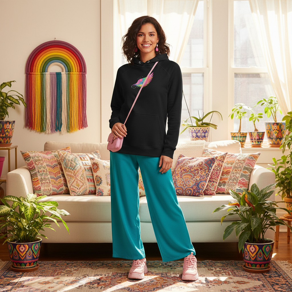 Woman in rainbow feather hoodie with turquoise pants in bright bohemian living room