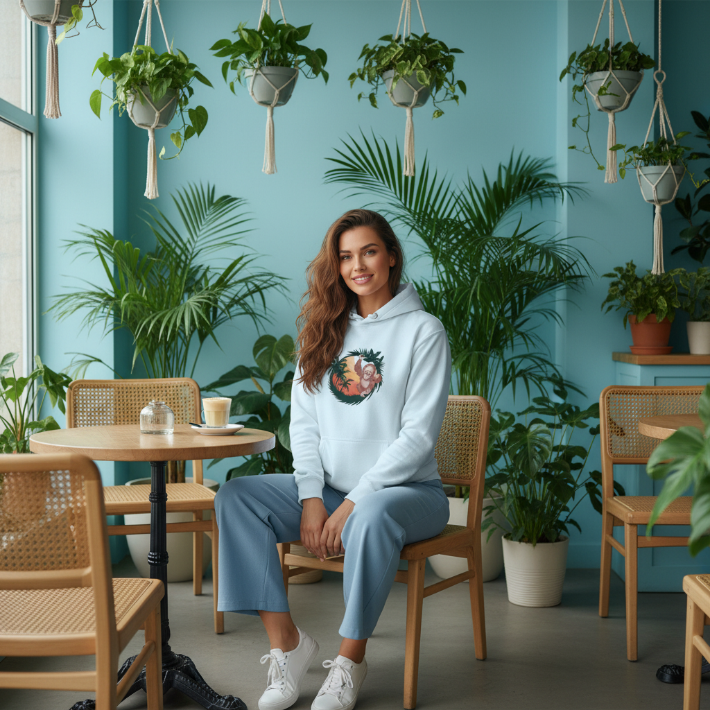 Woman in sky blue orangutan hoodie in botanical cafe