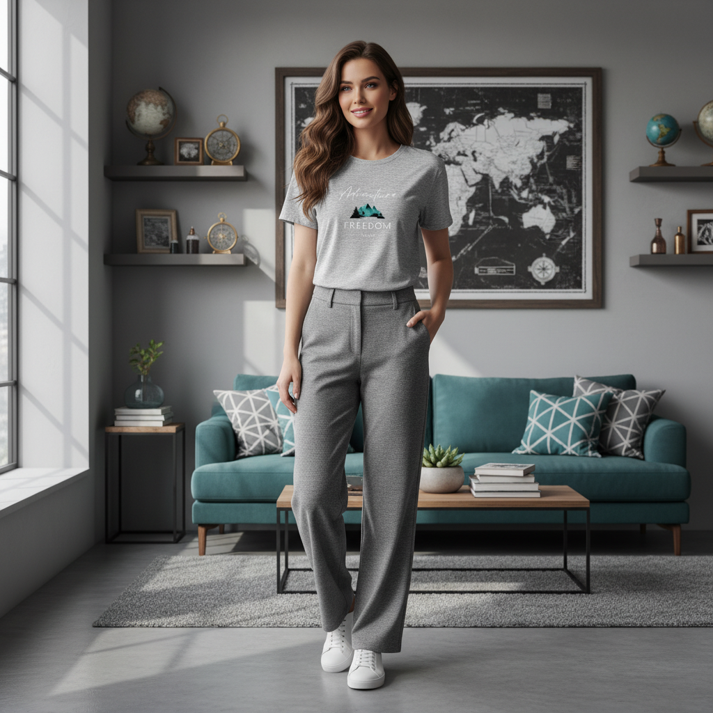 Woman in sport grey Adventure Freedom Travel t-shirt in grey living room