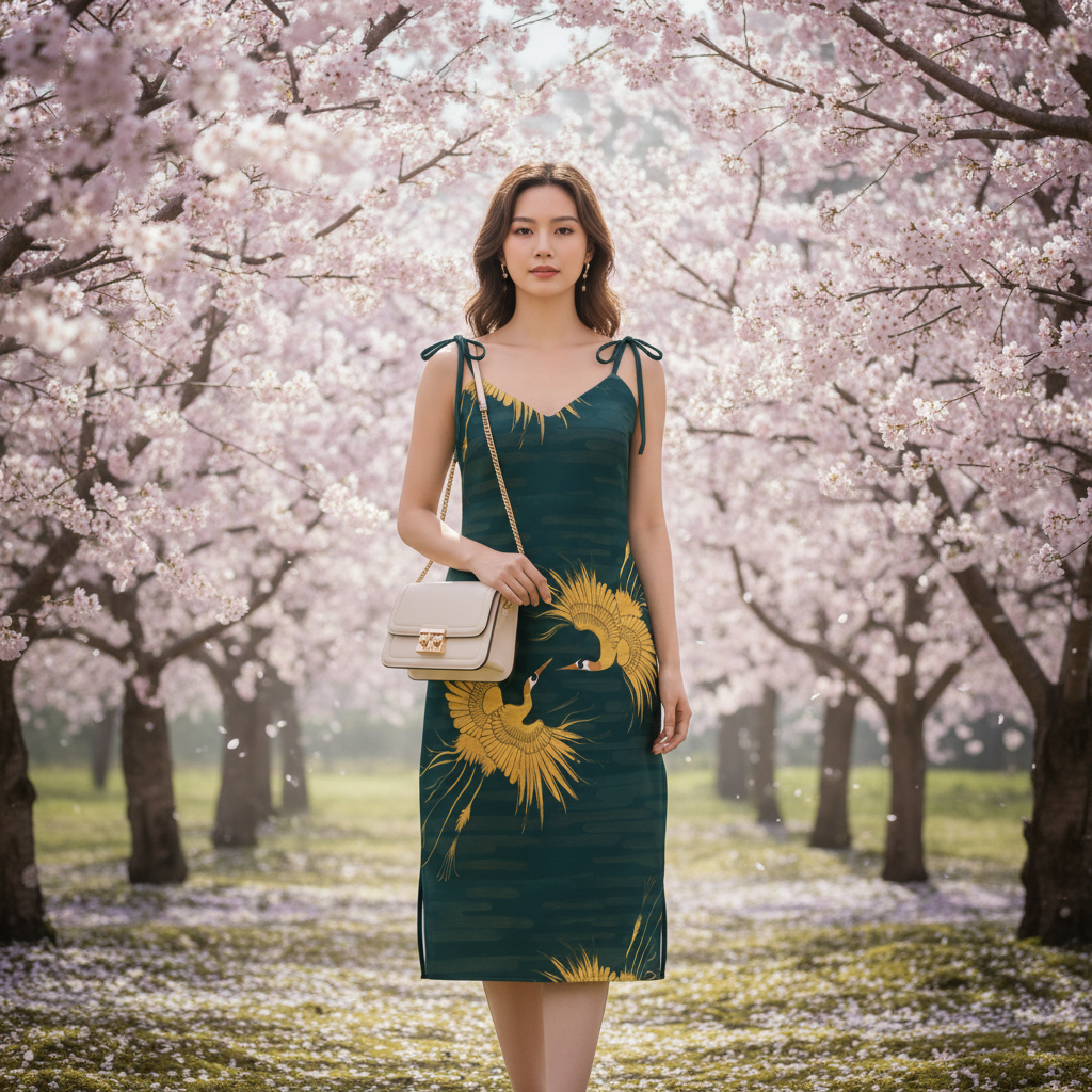 Woman in teal crane dress among blooming cherry blossoms in spring garden