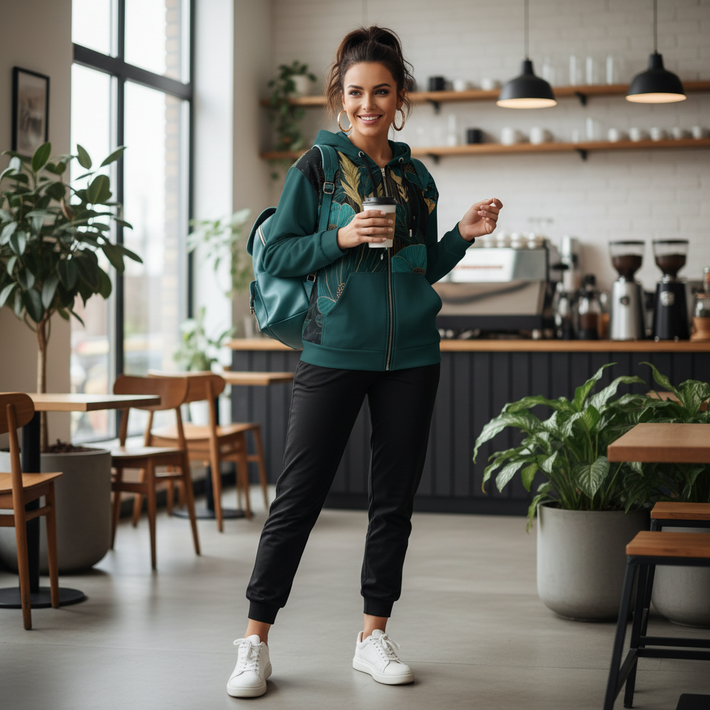 Woman in teal hoodie with black joggers and sneakers
